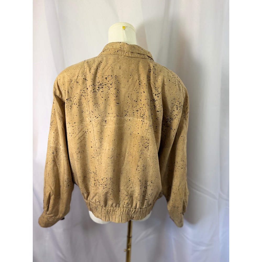 Vera Cristina Vintage 100 Silk Splatter Print Cropped Bomber Jacket Tan Large - Picture 5 of 11